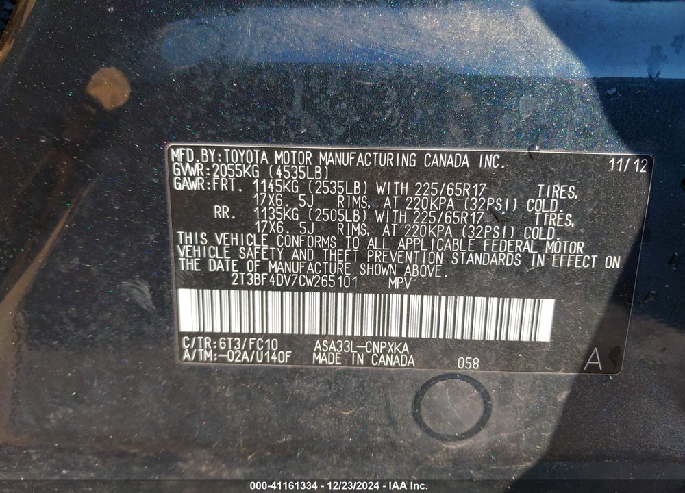 2012 TOYOTA RAV4 VIN: 2T3BF4DV7CW265101
