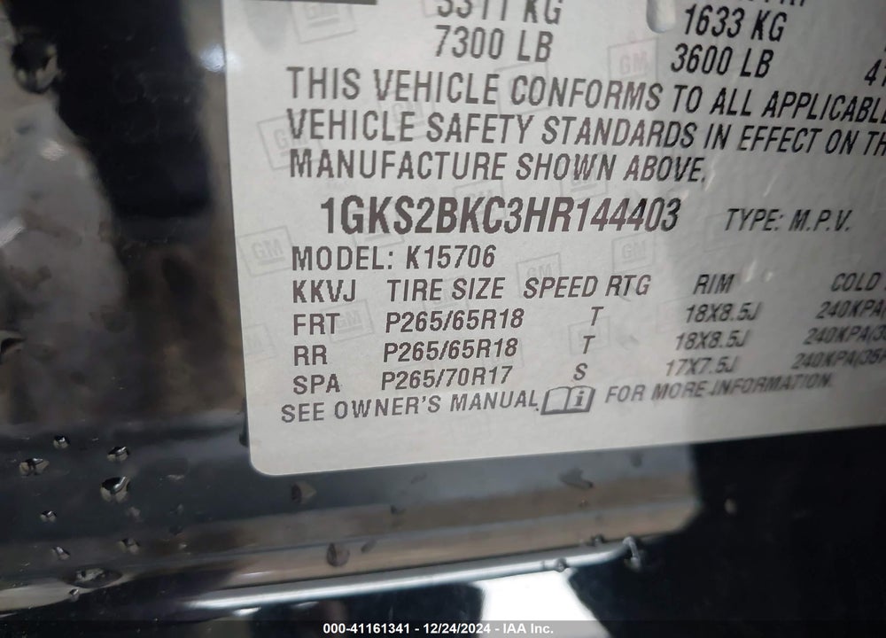 2017 GMC YUKON SLT VIN: 1GKS2BKC3HR144403