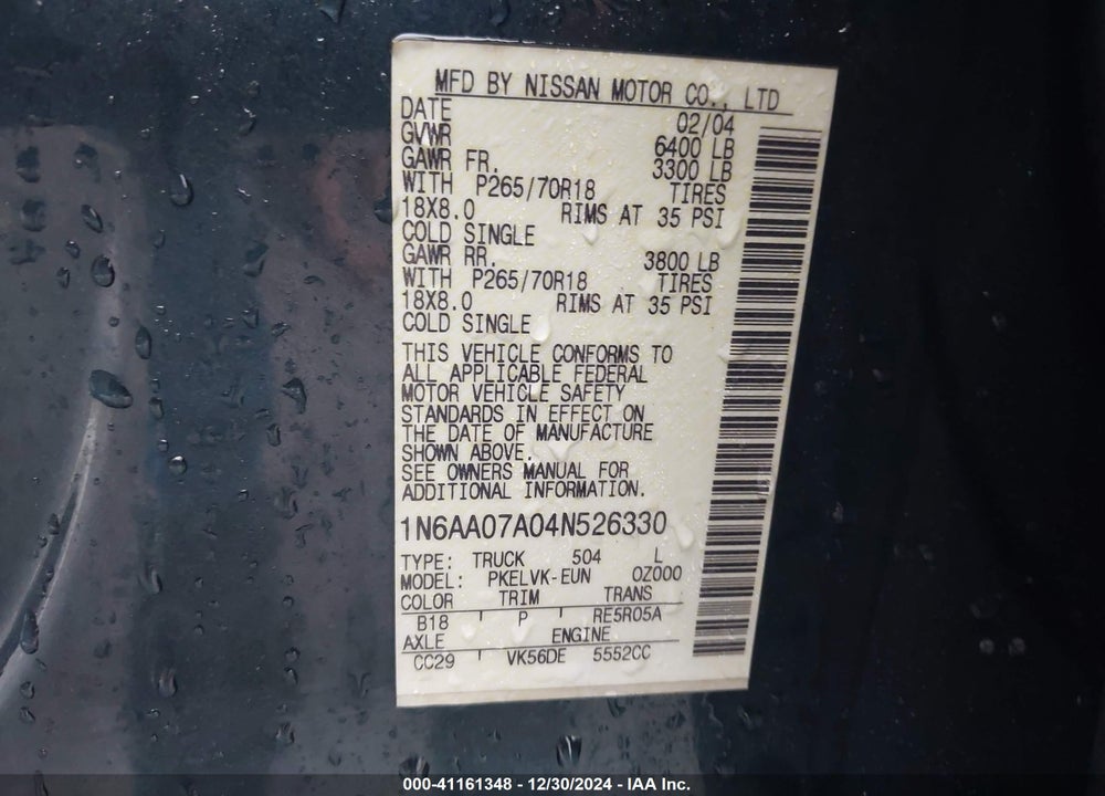 2004 NISSAN TITAN LE VIN: 1N6AA07A04N526330