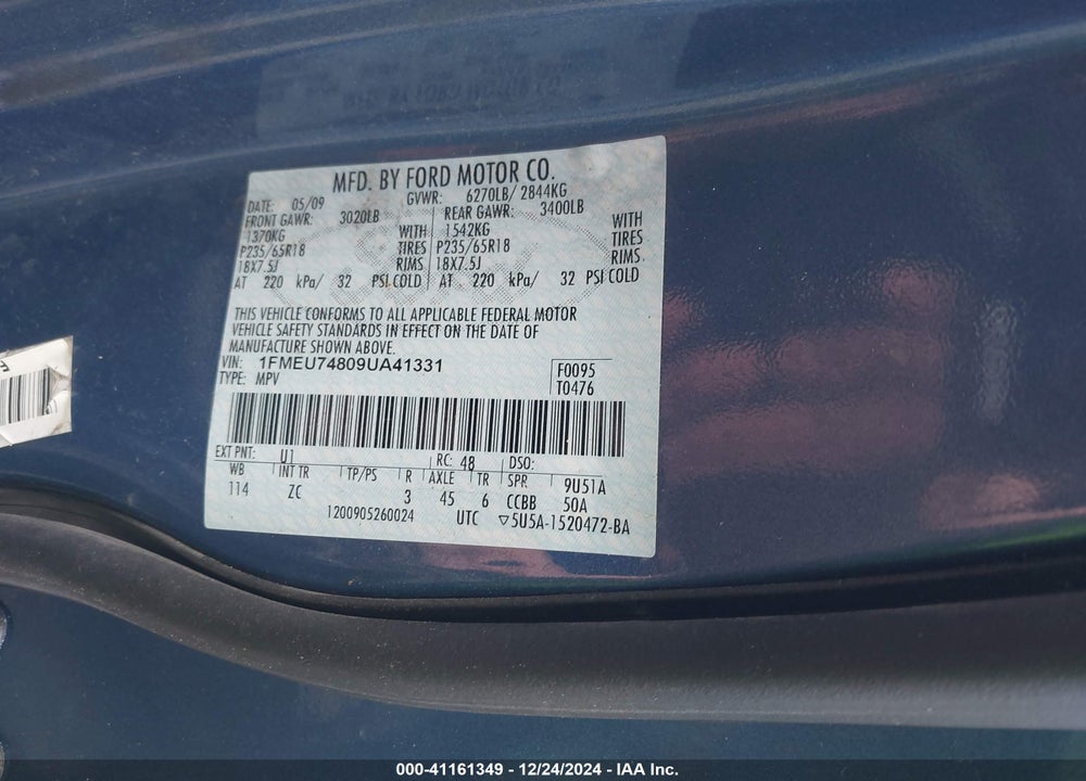 2009 FORD EXPLORER EDDIE BAUER VIN: 1FMEU74809UA41331