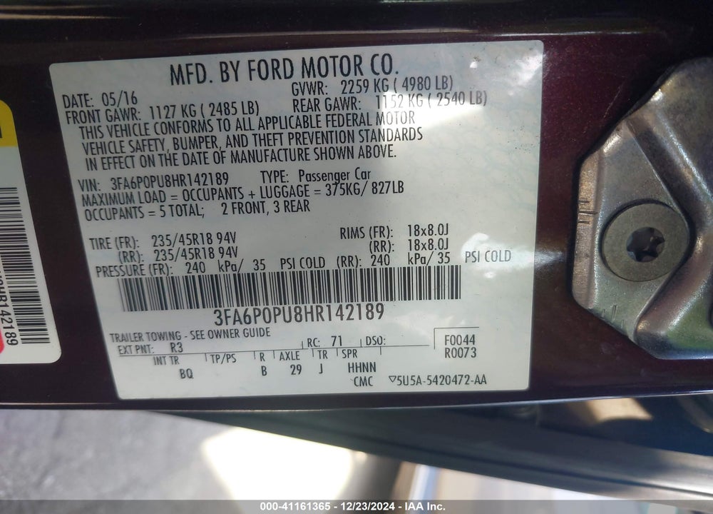 2017 FORD FUSION ENERGI SE LUXURY VIN: 3FA6P0PU8HR142189