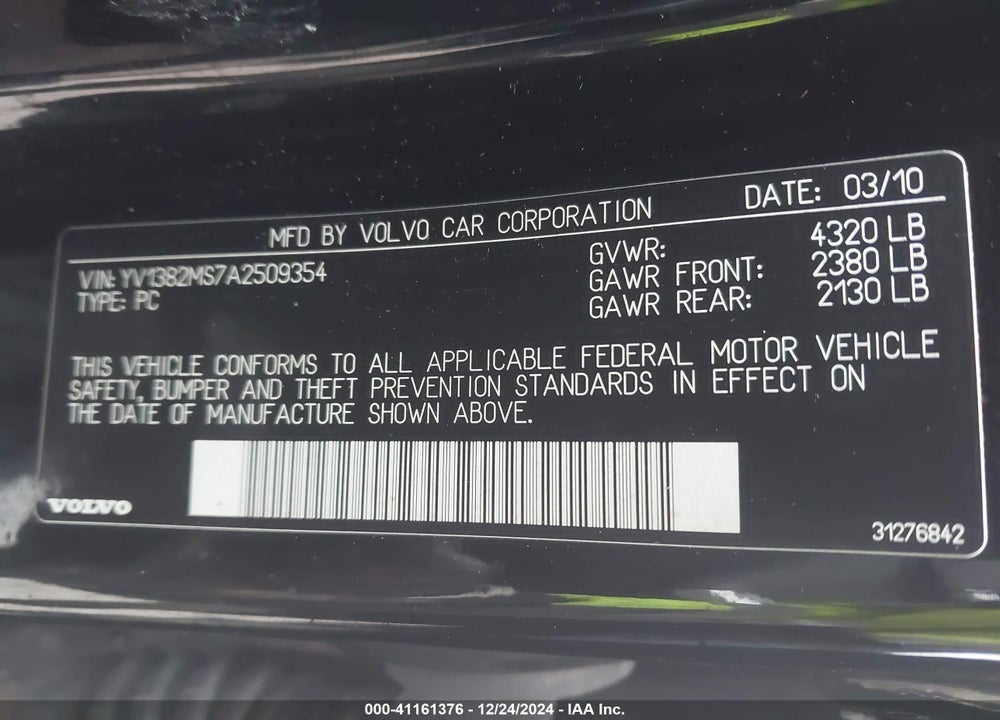2010 VOLVO S40 2.4I VIN: YV1382MS7A2509354