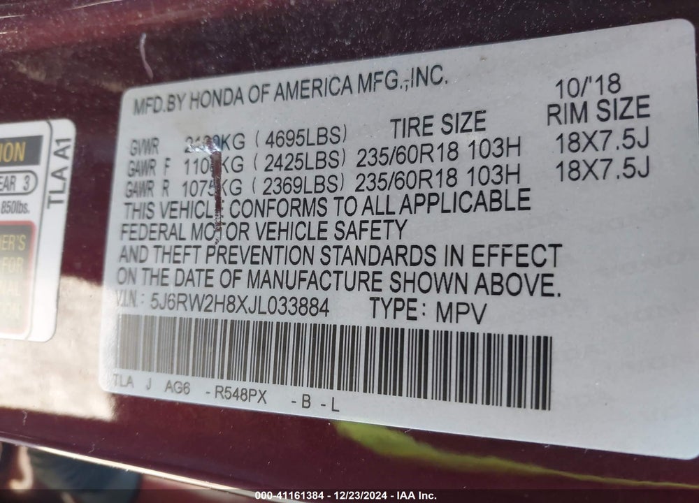 2018 HONDA CR-V EX-L/EX-L NAVI VIN: 5J6RW2H8XJL033884