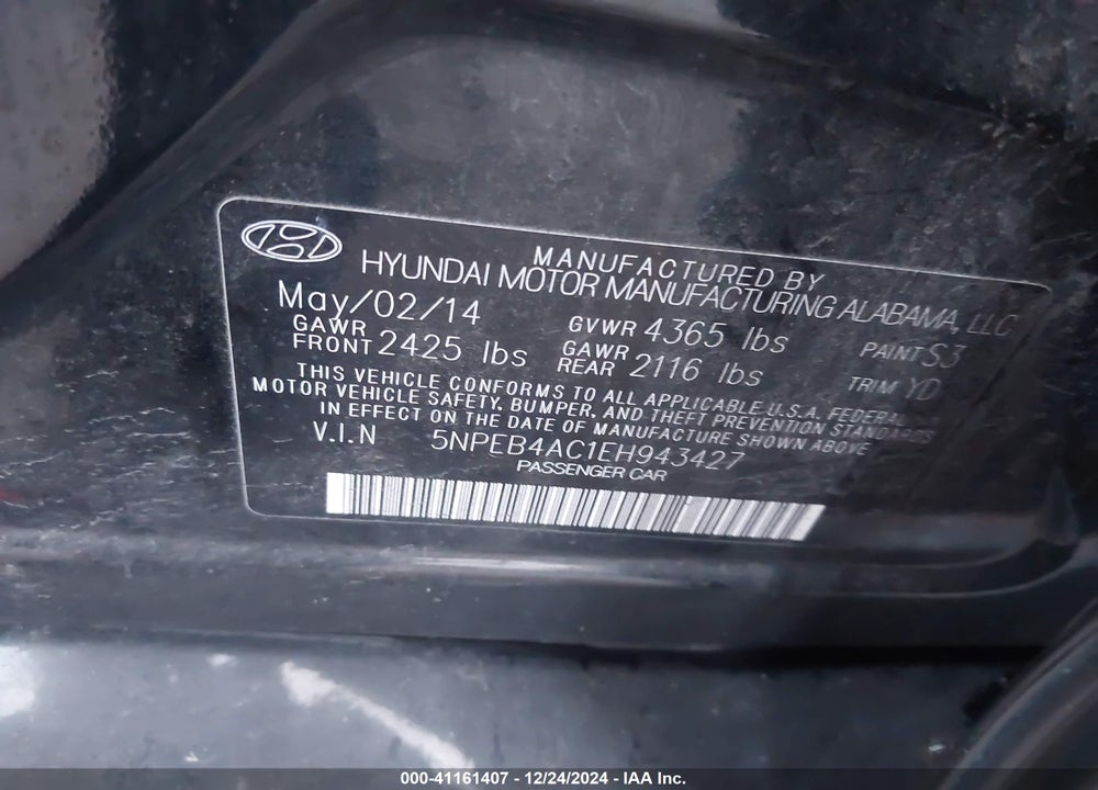 2014 HYUNDAI SONATA GLS VIN: 5NPEB4AC1EH943427