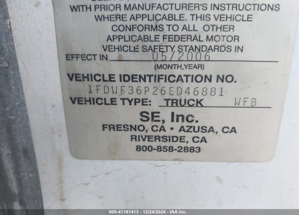 2006 FORD F-350 CHASSIS XL/XLT VIN: 1FDWF36P26ED46881