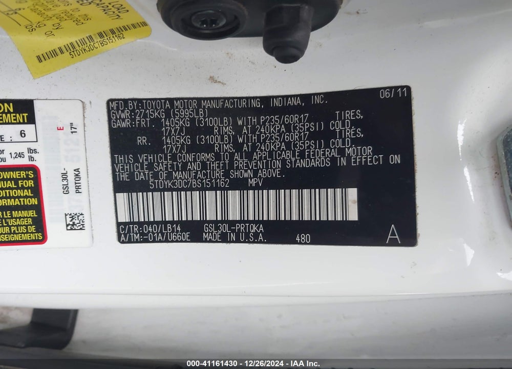 2011 TOYOTA SIENNA XLE LIMITED VIN: 5TDYK3DC7BS151162