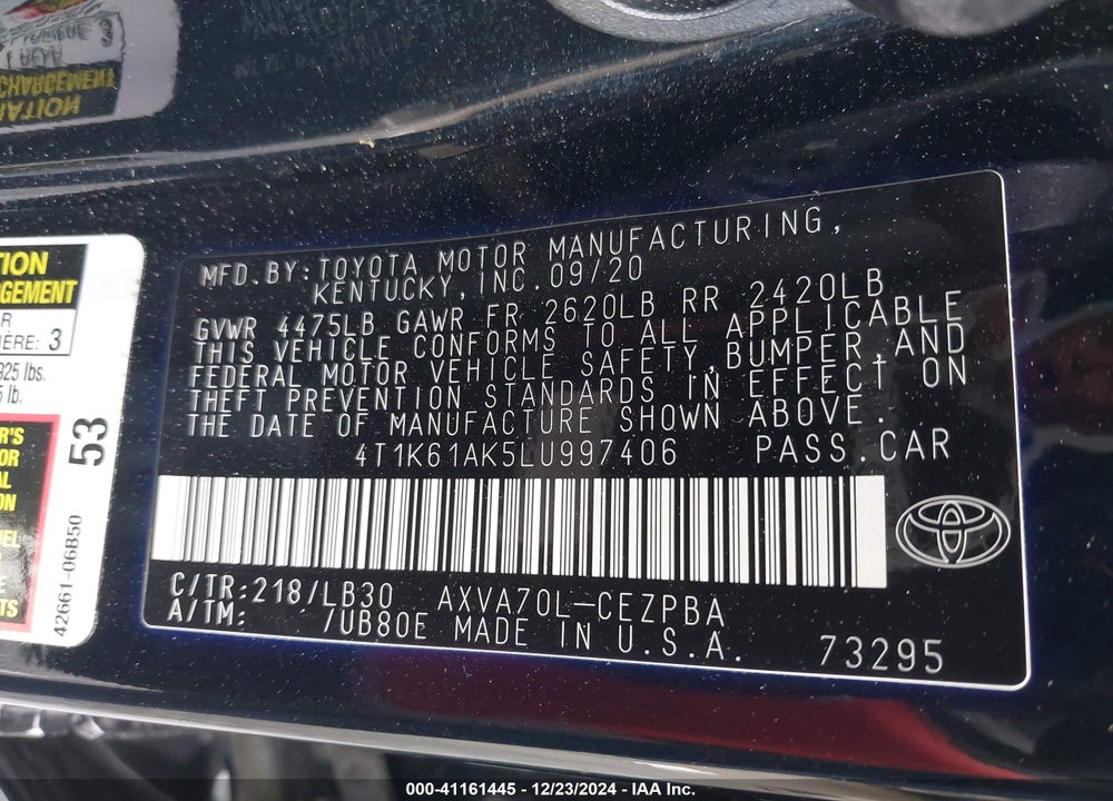 2020 TOYOTA CAMRY XSE VIN: 4T1K61AK5LU997406
