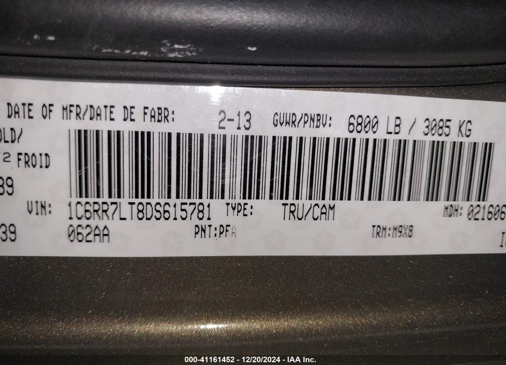 2013 RAM 1500 VIN: 1C6RR7LT8DS615781
