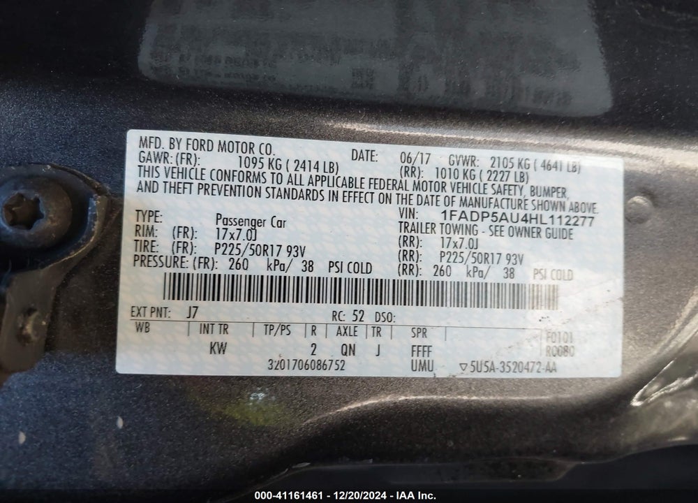 2017 FORD C-MAX HYBRID VIN: 1FADP5AU4HL112277
