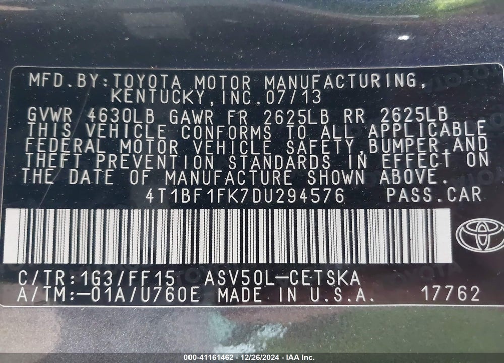2013 TOYOTA CAMRY SE VIN: 4T1BF1FK7DU294576