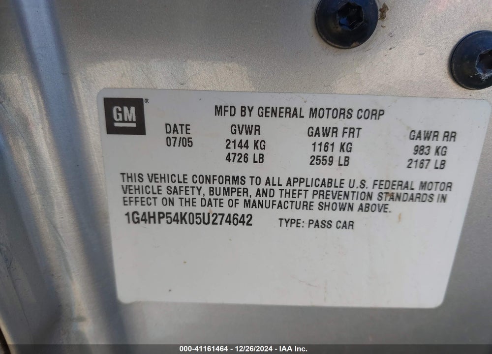 2005 BUICK LESABRE CUSTOM VIN: 1G4HP54K05U274642
