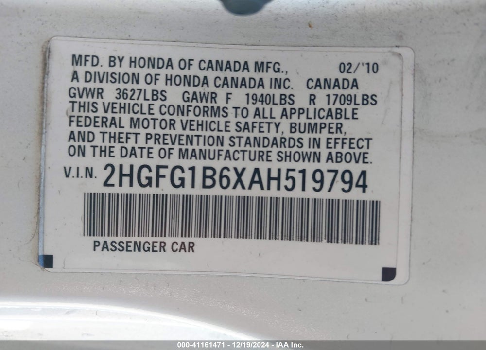 2010 HONDA CIVIC LX VIN: 2HGFG1B6XAH519794