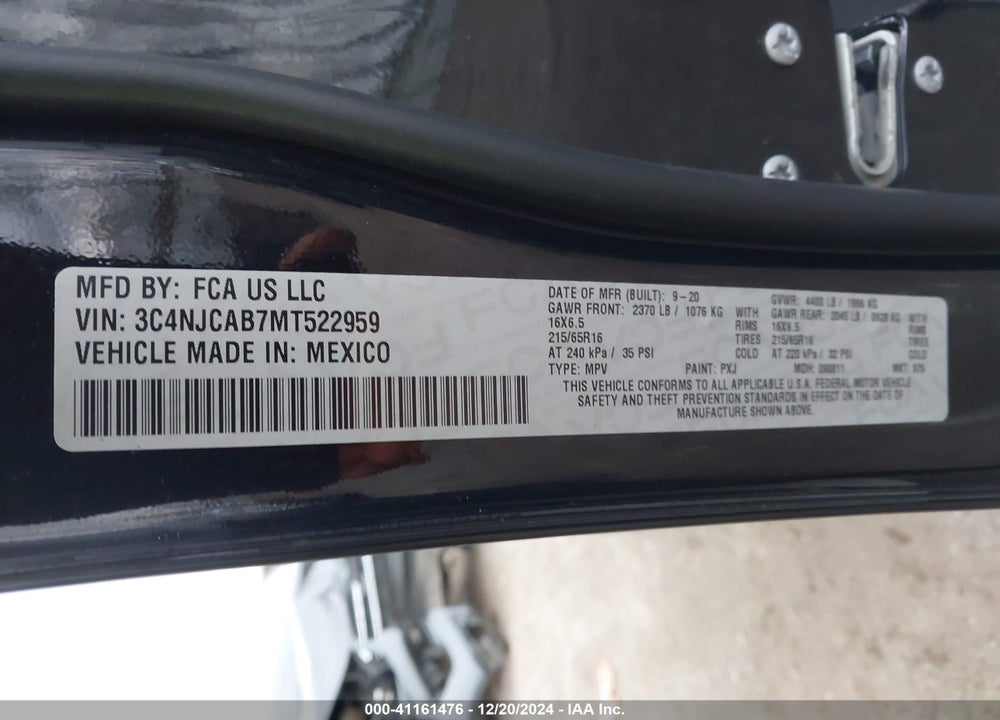 2021 JEEP COMPASS SPORT FWD VIN: 3C4NJCAB7MT522959