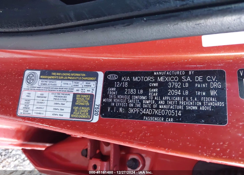 2019 KIA FORTE EX VIN: 3KPF54AD7KE070514