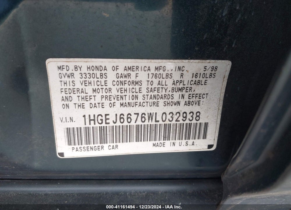 1998 HONDA CIVIC LX VIN: 1HGEJ6676WL032938