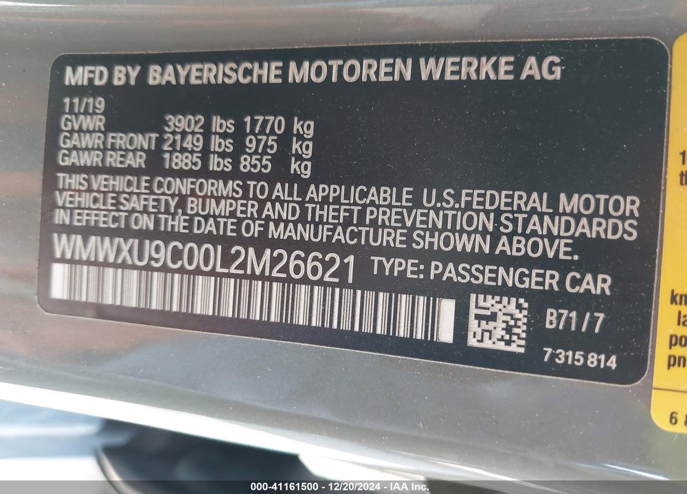 2020 MINI HARDTOP COOPER S VIN: WMWXU9C00L2M26621