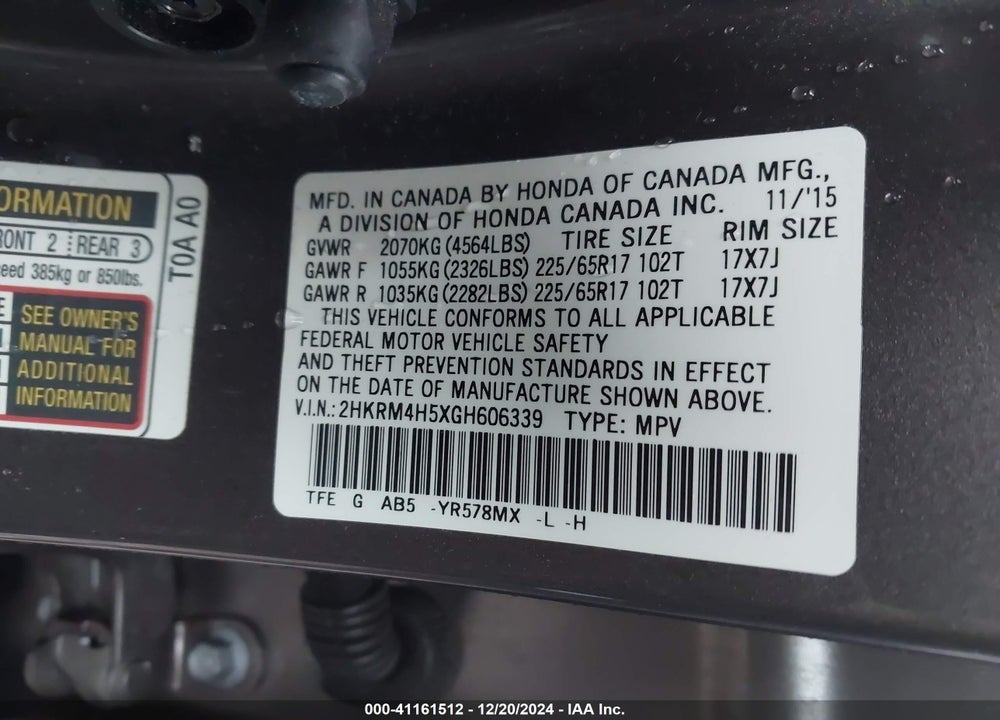 2016 HONDA CR-V EX VIN: 2HKRM4H5XGH606339