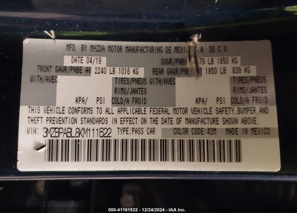 2019 MAZDA MAZDA3 VIN: 3MZBPABL8KM111622
