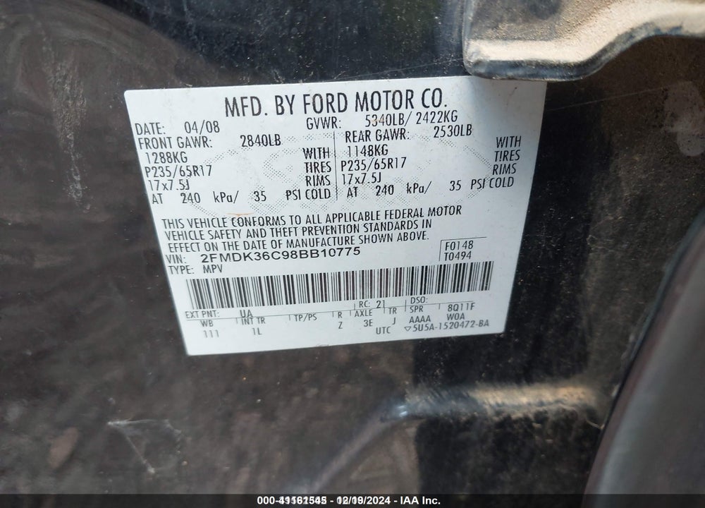 2008 FORD EDGE SE VIN: 2FMDK36C98BB10775