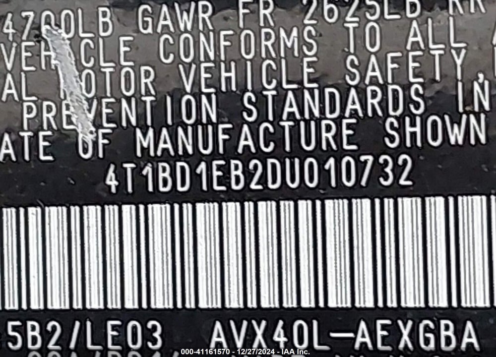 2013 TOYOTA AVALON HYBRID XLE TOURING VIN: 4T1BD1EB2DU010732