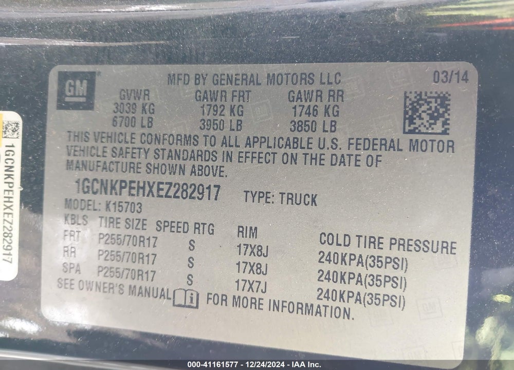 2014 CHEVROLET SILVERADO 1500 WORK TRUCK 1WT VIN: 1GCNKPEHXEZ282917
