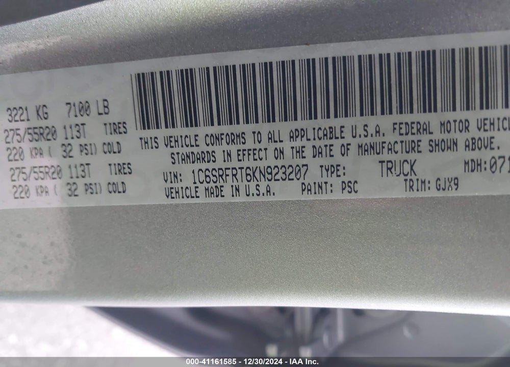 2019 RAM 1500 VIN: 1C6SRFRT6KN923207