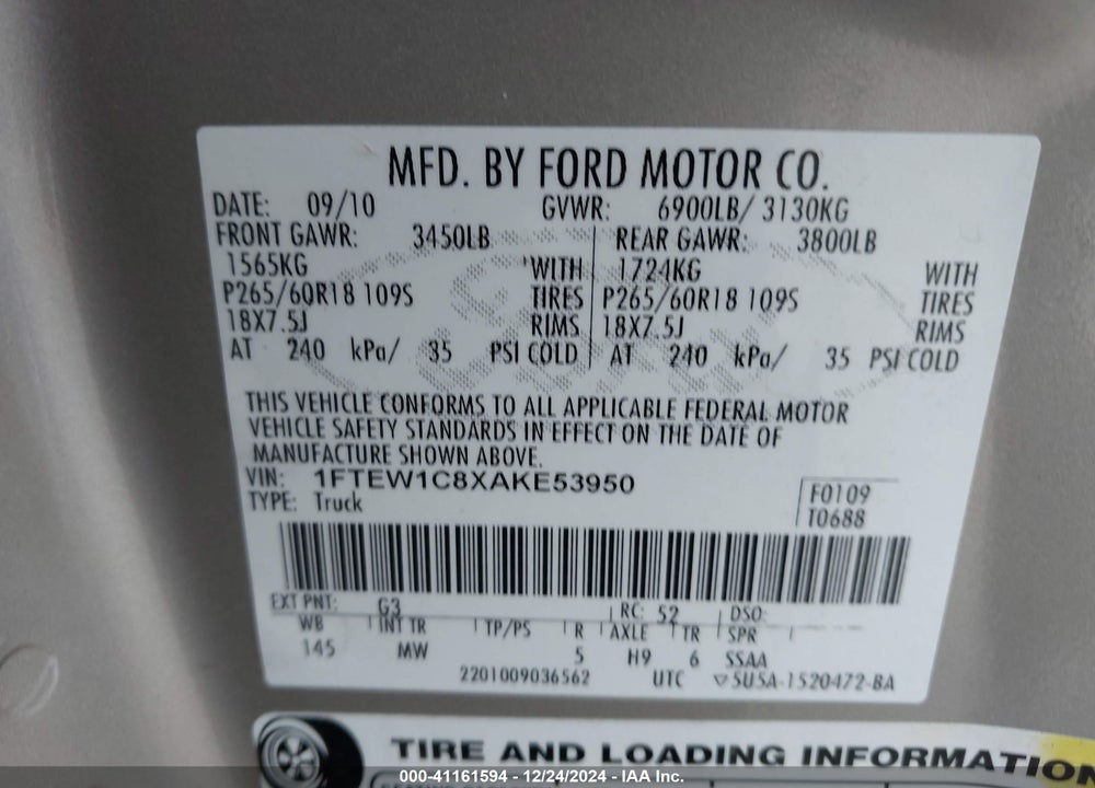2010 FORD F-150 FX2 SPORT/XL/XLT VIN: 1FTEW1C8XAKE53950