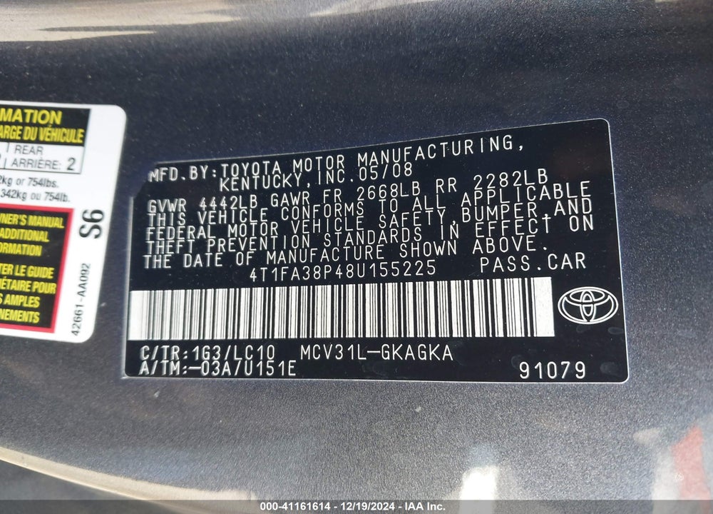 2008 TOYOTA CAMRY SOLARA VIN: 4T1FA38P48U155225