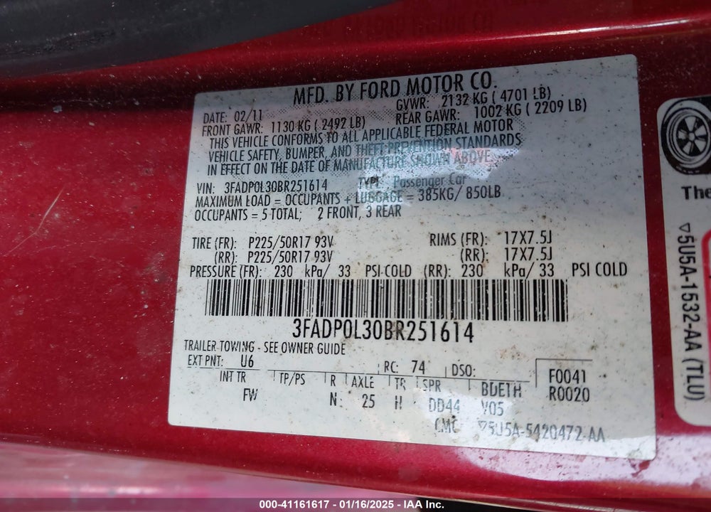 2011 FORD FUSION HYBRID VIN: 3FADP0L30BR251614