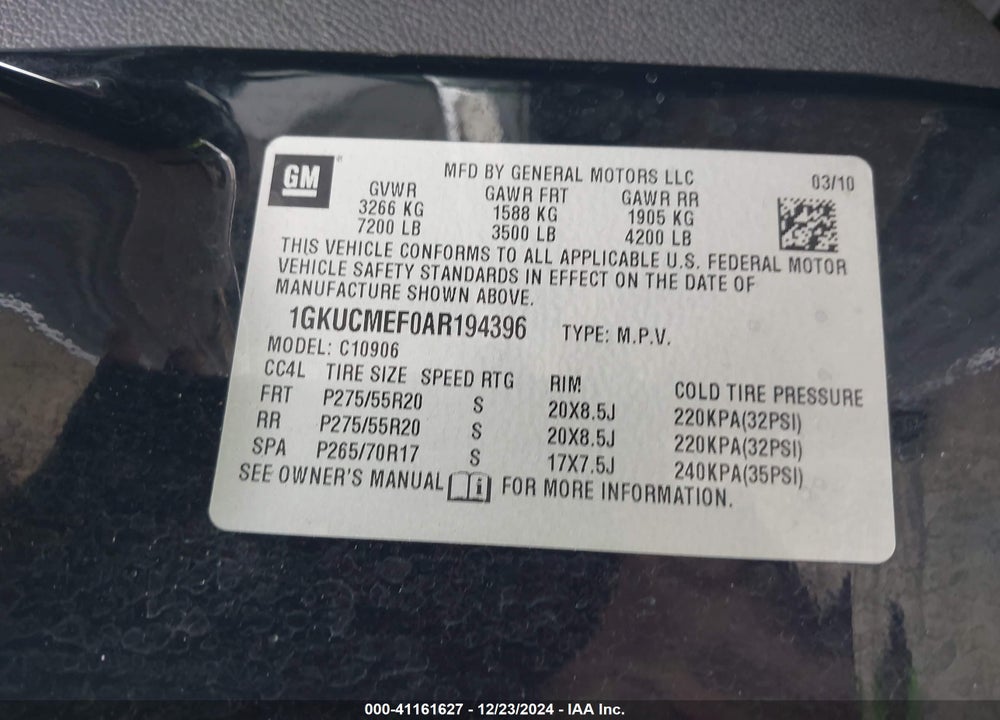 2010 GMC YUKON XL 1500 DENALI VIN: 1GKUCMEF0AR194396