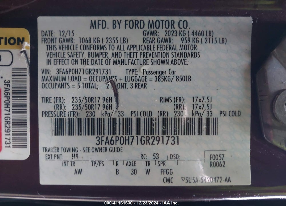 2016 FORD FUSION VIN: 3FA6P0H71GR291731