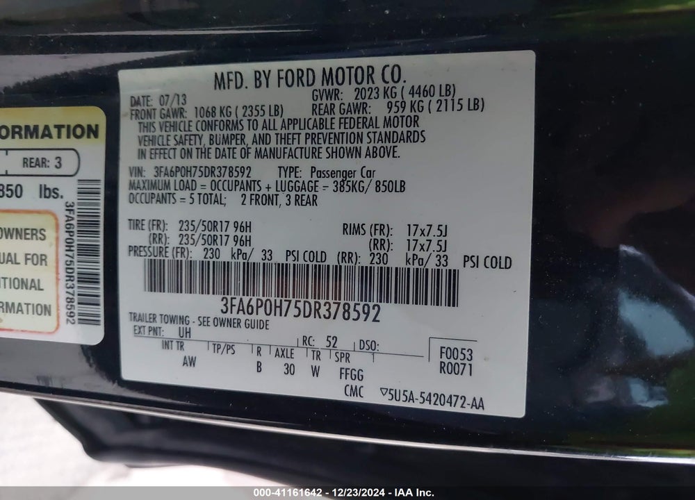 2013 FORD FUSION SE VIN: 3FA6P0H75DR378592