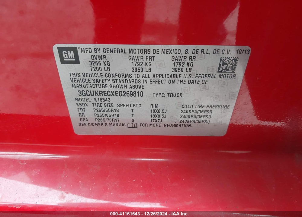 2014 CHEVROLET SILVERADO 1500 VIN: 3GCUKRECXEG269810