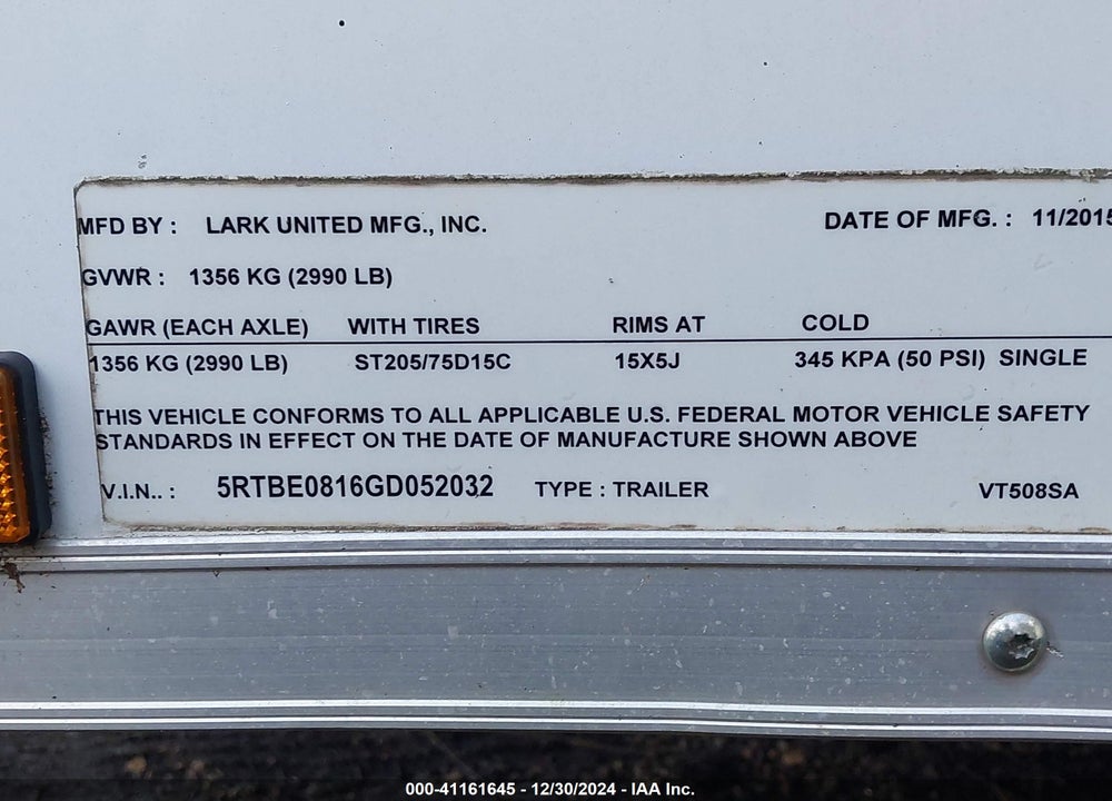 2016 LARK TRLC 0508S VIN: 5RTBE0816GD052032