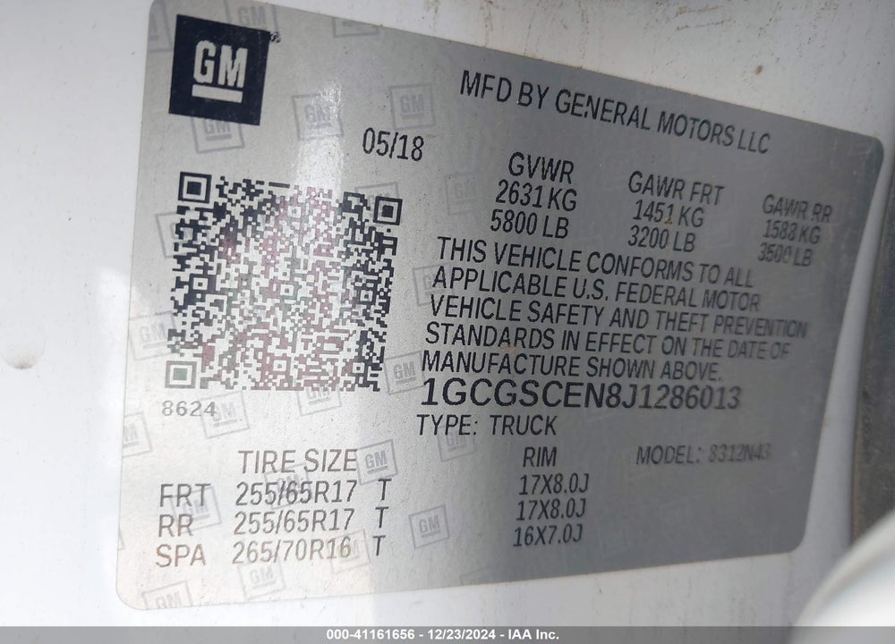 2018 CHEVROLET COLORADO LT VIN: 1GCGSCEN8J1286013
