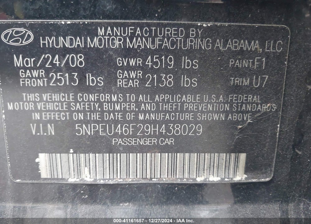 2009 HYUNDAI SONATA VIN: 5NPEU46F29H438029