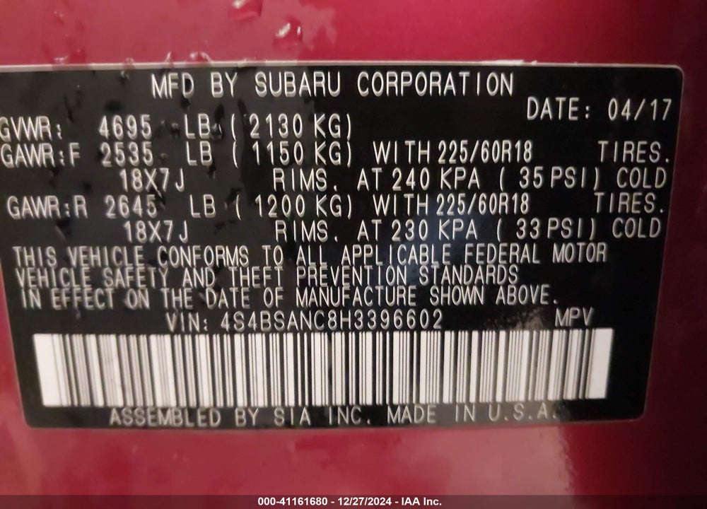 2017 SUBARU OUTBACK 2.5I LIMITED VIN: 4S4BSANC8H3396602