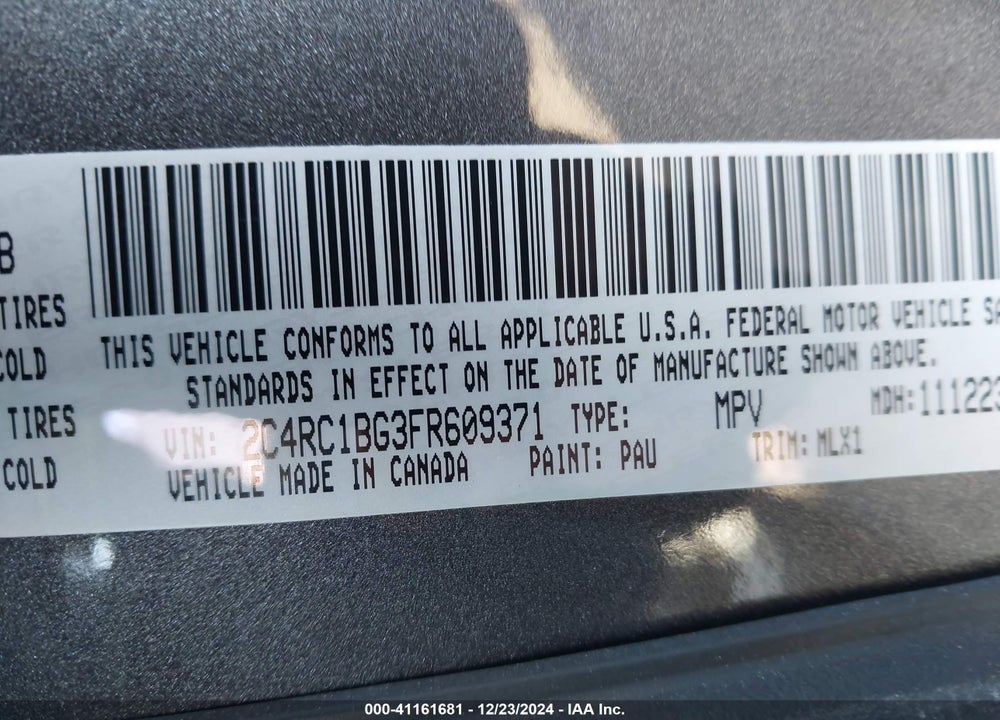 2015 CHRYSLER TOWN & COUNTRY TOURING VIN: 2C4RC1BG3FR609371