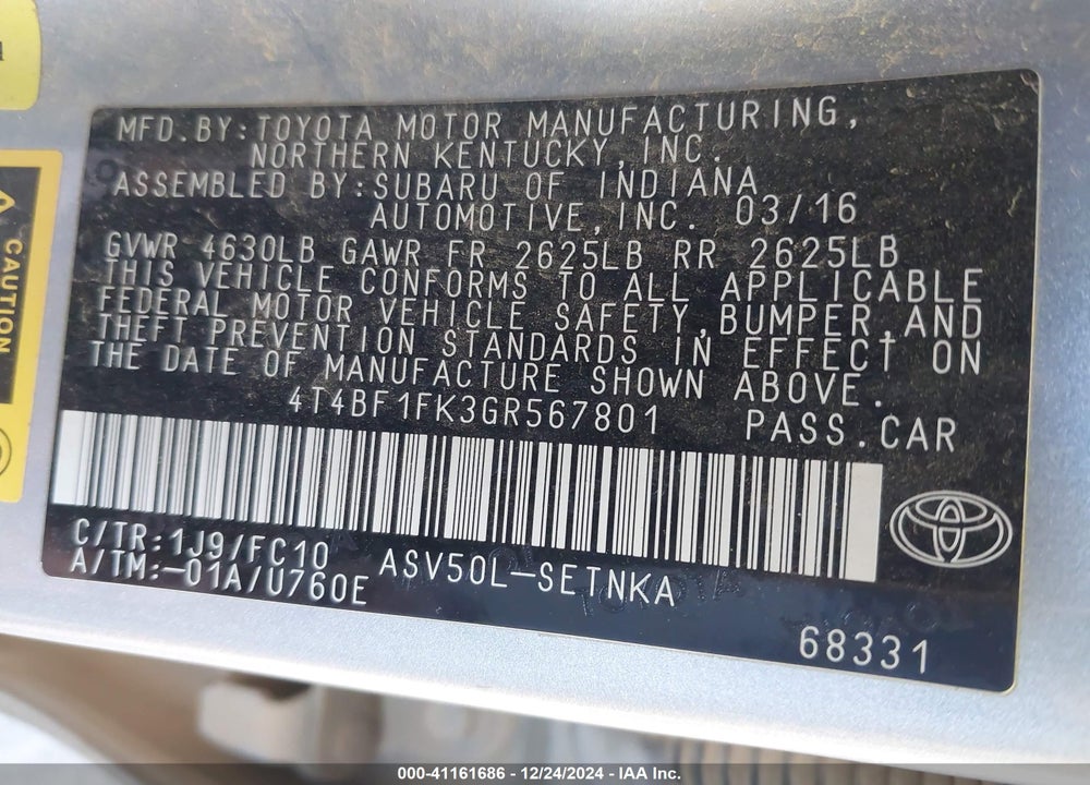 2016 TOYOTA CAMRY VIN: 4T4BF1FK3GR567801