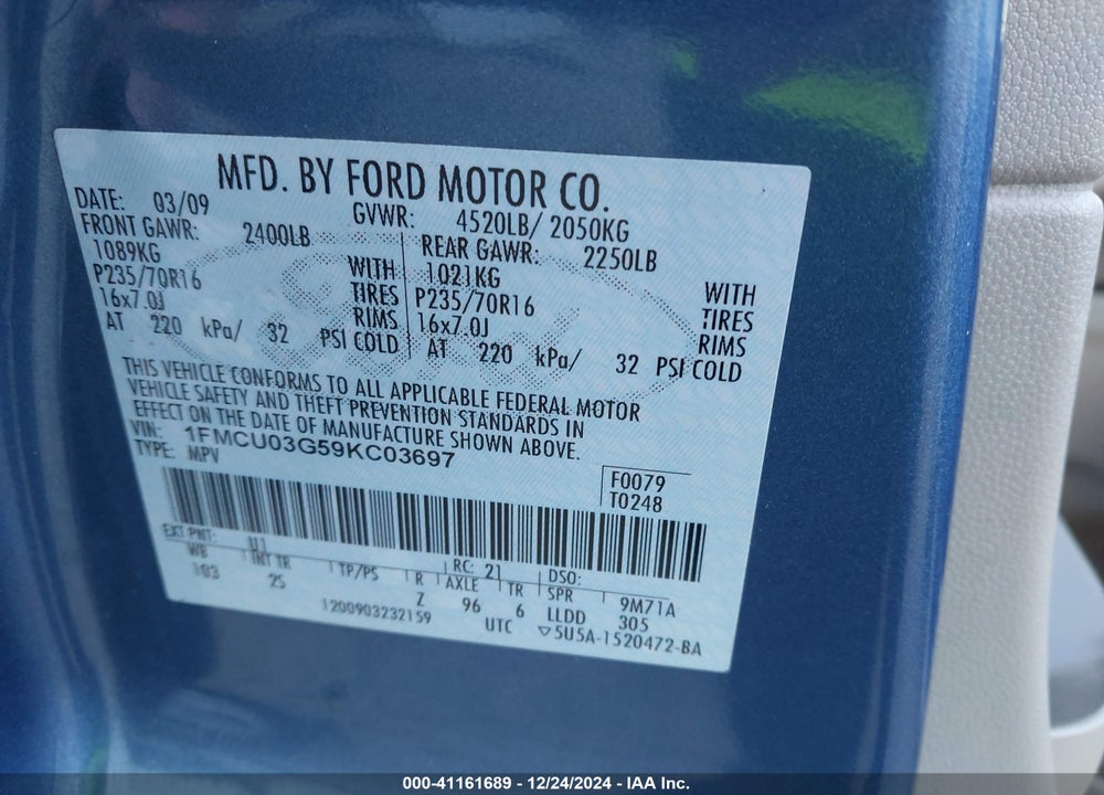 2009 FORD ESCAPE XLT VIN: 1FMCU03G59KC03697