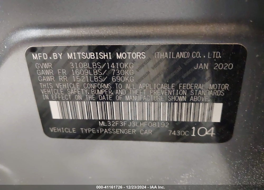 2020 MITSUBISHI MIRAGE G4 ES VIN: ML32F3FJ3LHF08192