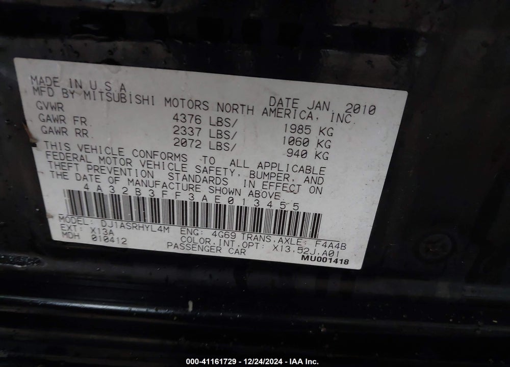 2010 MITSUBISHI GALANT VIN: 4A32B3FF3AE013455