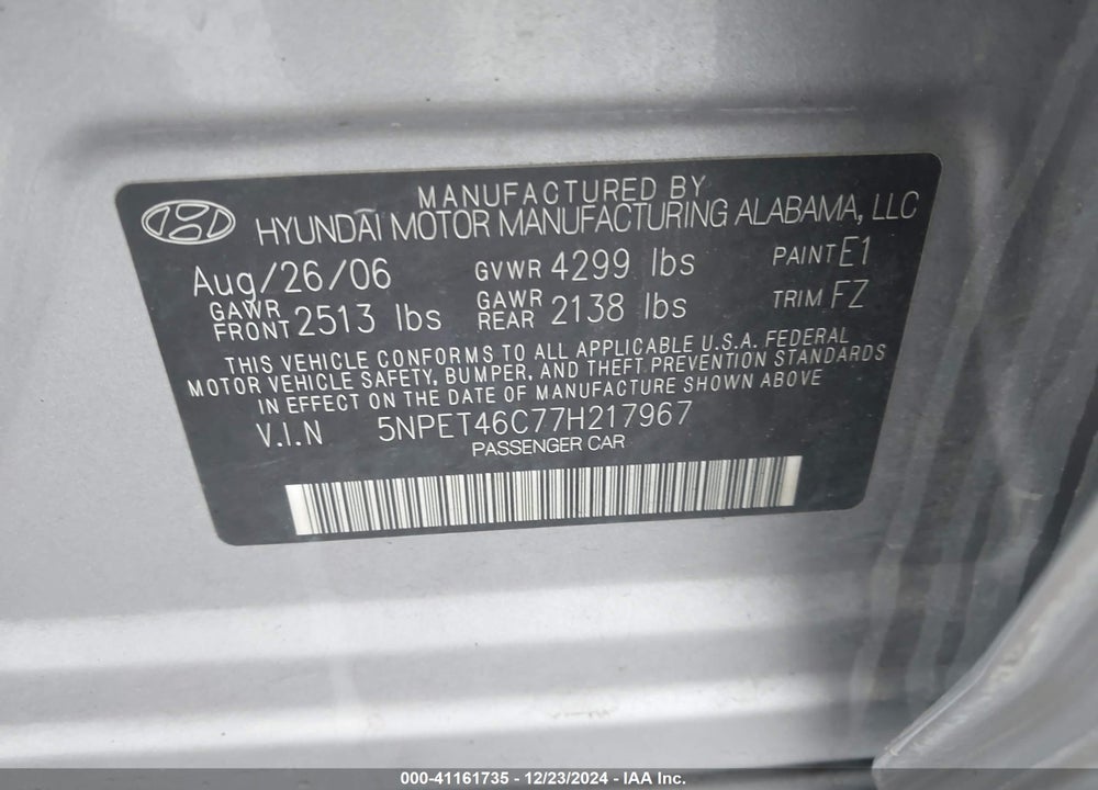 2007 HYUNDAI SONATA GLS VIN: 5NPET46C77H217967