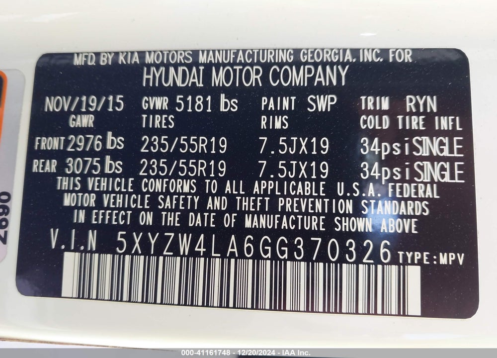 2016 HYUNDAI SANTA FE SPORT 2.0L TURBO VIN: 5XYZW4LA6GG370326