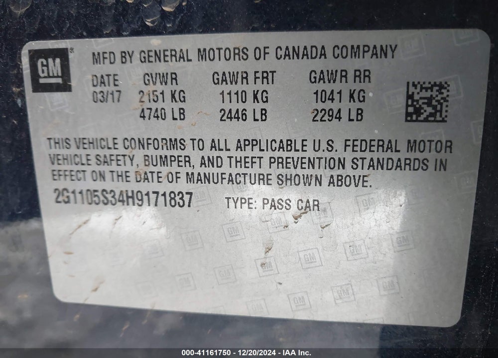 2017 CHEVROLET IMPALA VIN: 2G1105S34H9171837