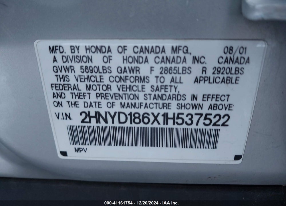 2001 ACURA MDX VIN: 2HNYD186X1H537522