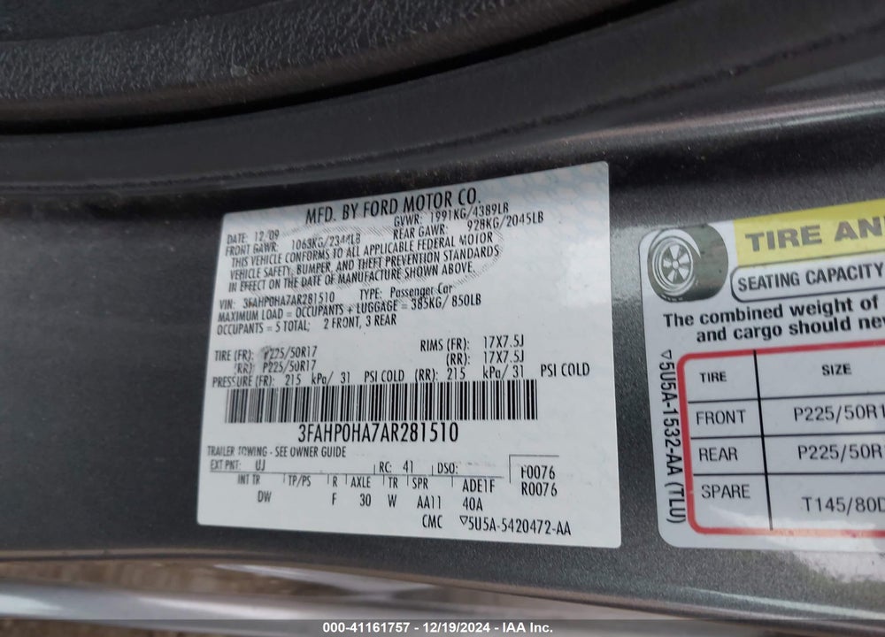 2010 FORD FUSION VIN: 3FAHP0HA7AR281510