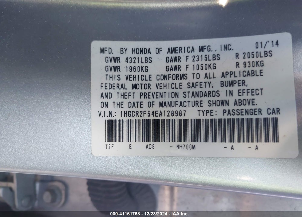 2014 HONDA ACCORD SPORT VIN: 1HGCR2F54EA128987