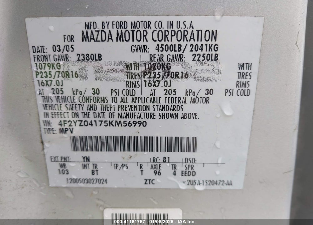 2005 MAZDA TRIBUTE S VIN: 4F2YZ04175KM56990