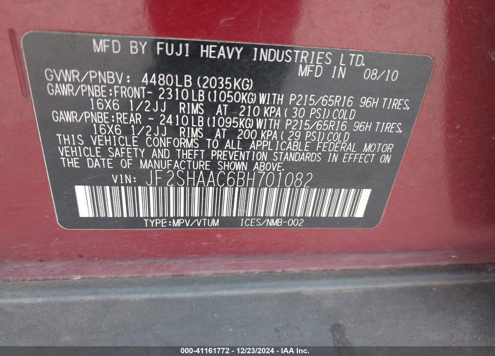 2011 SUBARU FORESTER 2.5X VIN: JF2SHAAC6BH701082